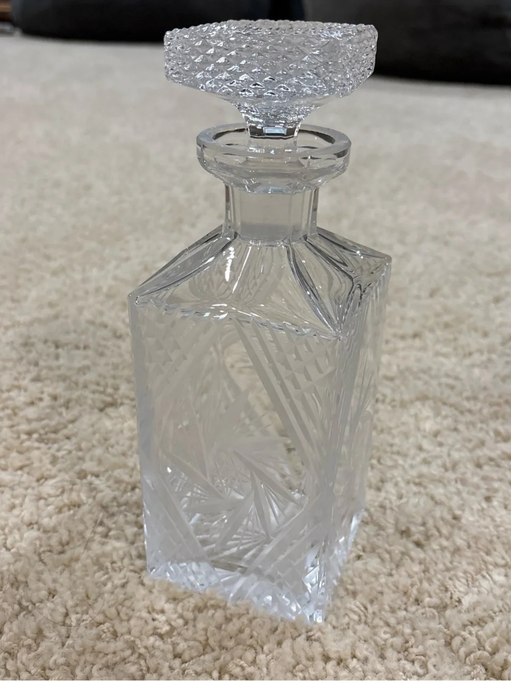 Vintage 1970s Etched Thick Glass Decanter w/ Stopper 8.25
